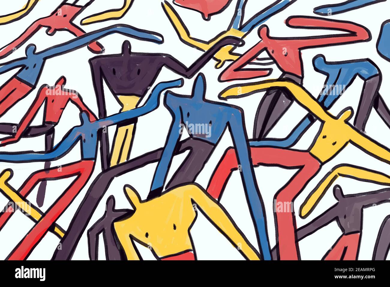 Keith Haring Vibe Malerei. Halbabstrakte Malerei. Illustration mit blau, rot und gelb mit schwarzer Linie. Für Poster und Druckgrafik Stockfoto