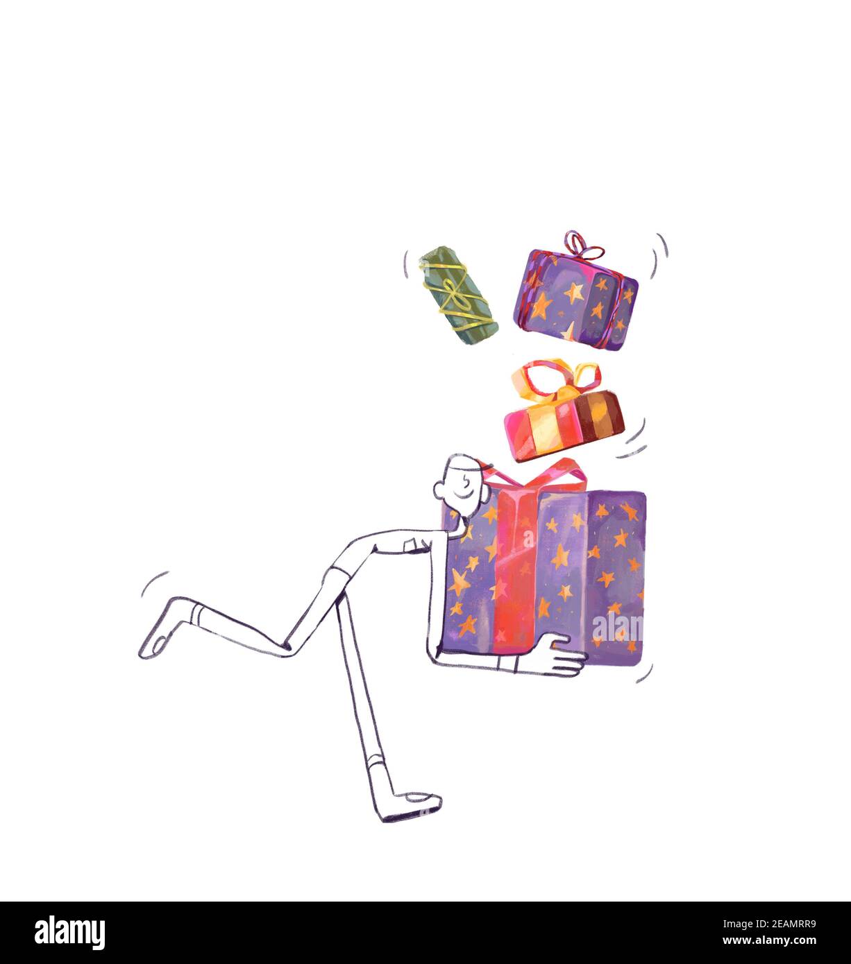 Lieferung Männer laufen mit viel Weihnachtsgeschenk. Skizzenzeichnung für Werbung oder Werbung Stockfoto