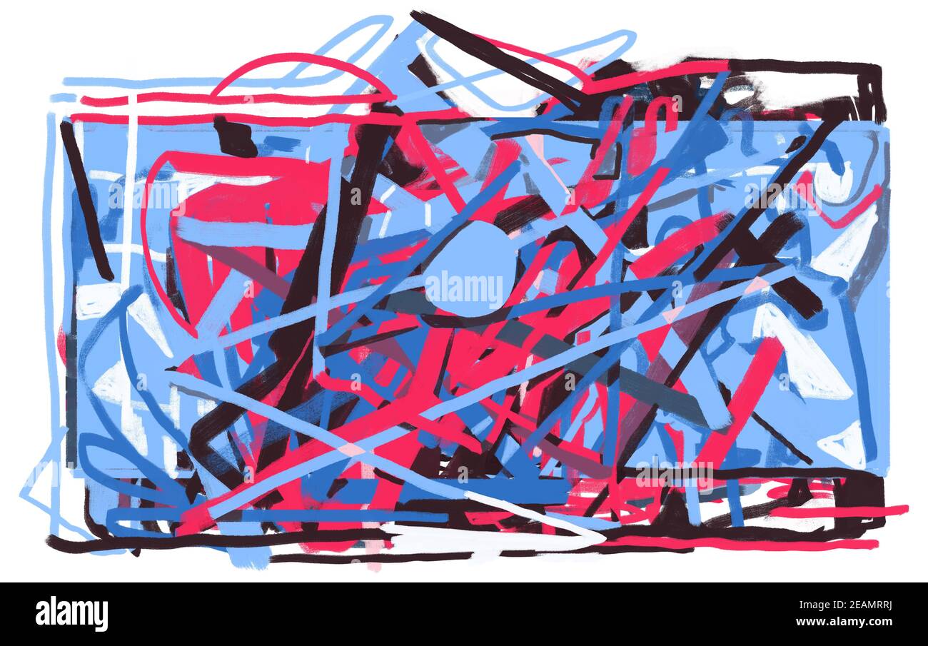 Abstrakte Graffiti Malerei. Moderne abstrakte Illustration. Farbe mit Rot, Blau und Schwarz Zeitgenössische Kunst für Print und Poster Stockfoto