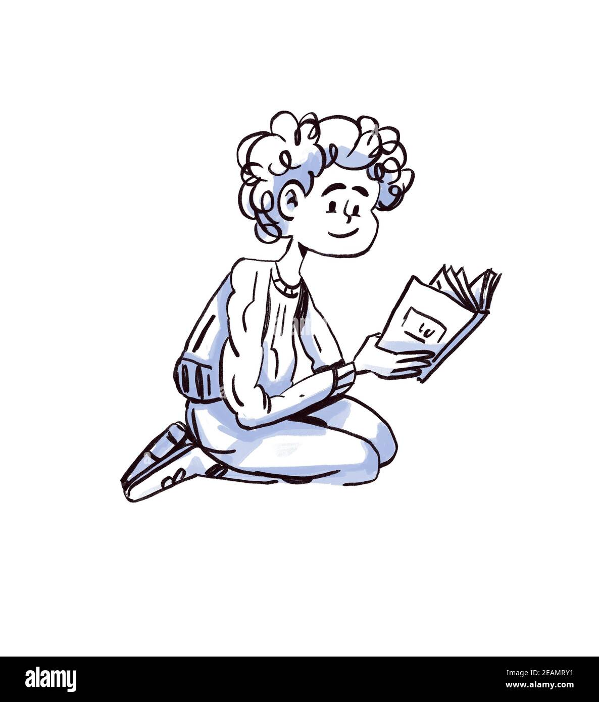 Lächeln Mädchen mit lockigen Haaren ein Buch lesen. Schüler im Kindesalter. Schwarzer und blauer Schatten Zeichnung isoliert auf Weiß. Stockfoto