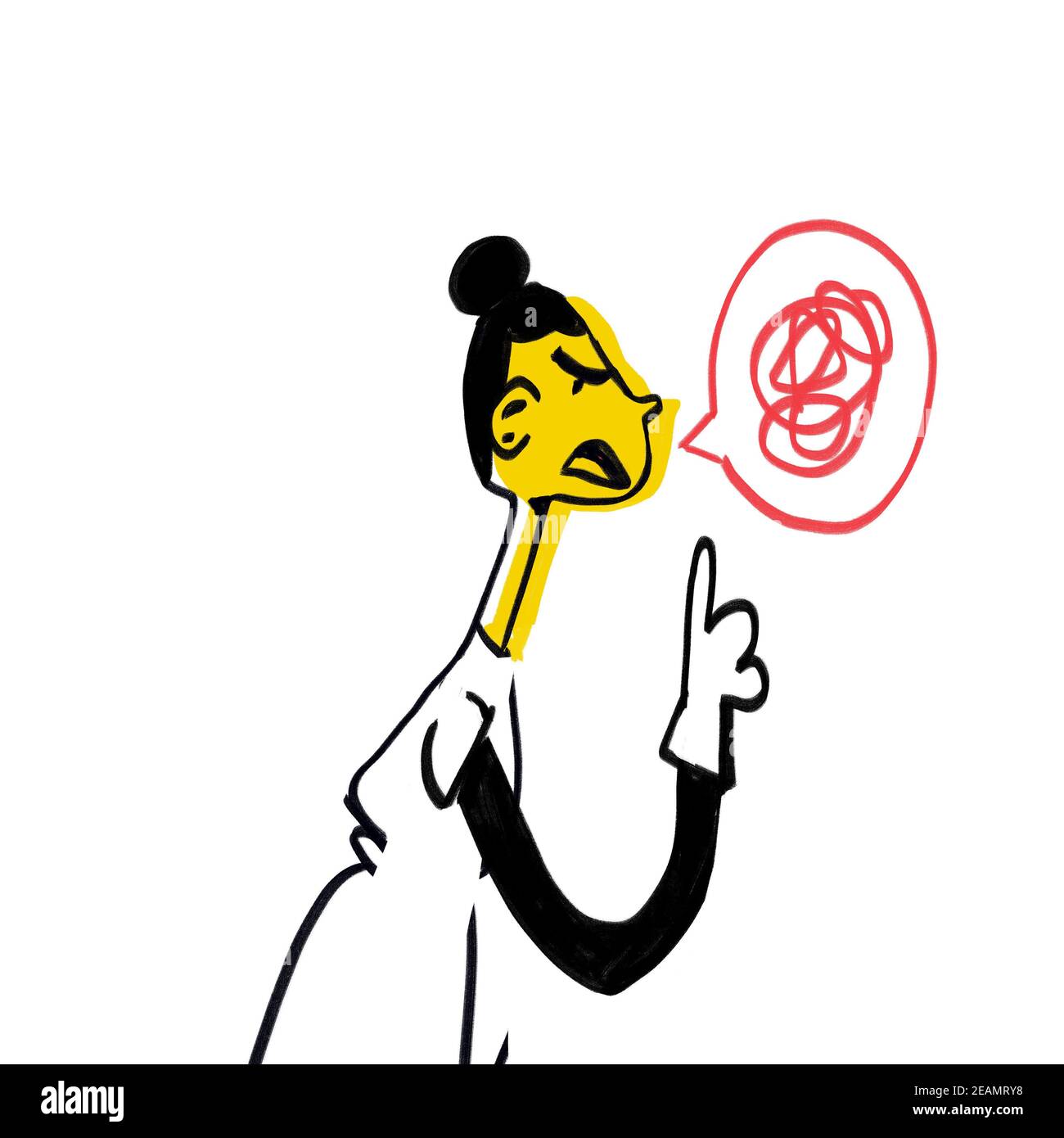 Wütend Frau mit Blase sprechen. 1930er Cartoon-Stil. Vintage Cliparts isoliert auf weiß. Illustration von Hand gezeichnet Stockfoto