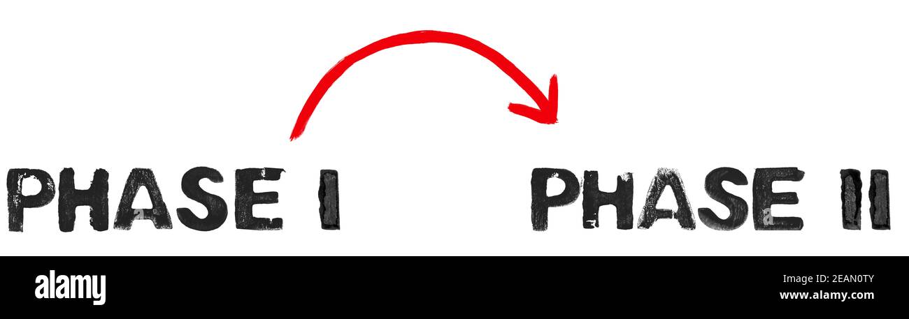 Grunge-Text mit Pfeil, der Phase 1 und Phase 2 zeigt Stockfoto