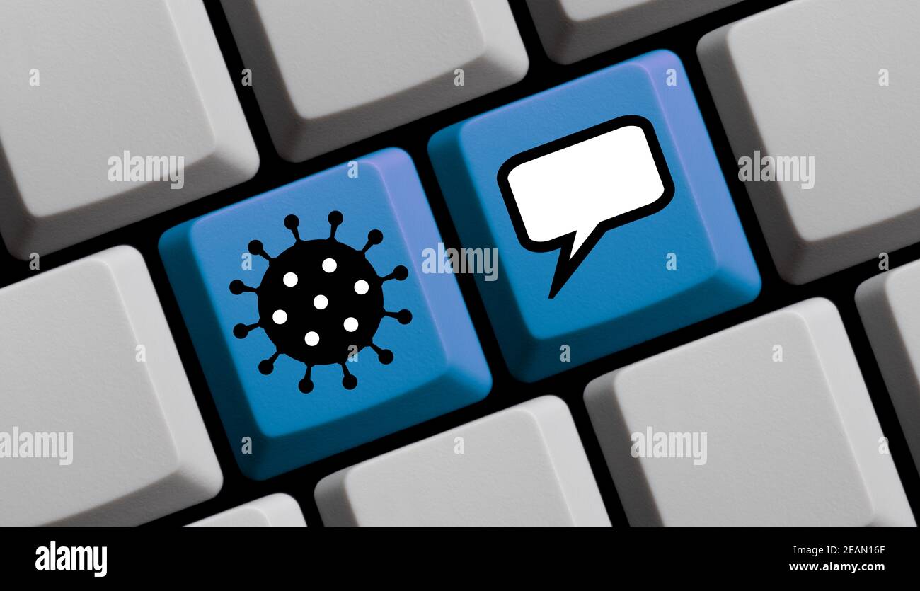 Online Informationen: Coronavirus und Sprechblase Stockfoto