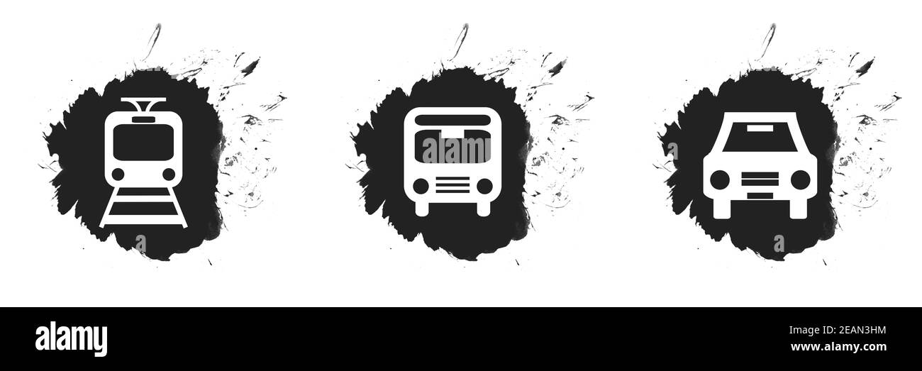 Lokale Verkehrsmittel Symbole Bus und Bahn und Auto auf schwarz Spritzer Stockfoto