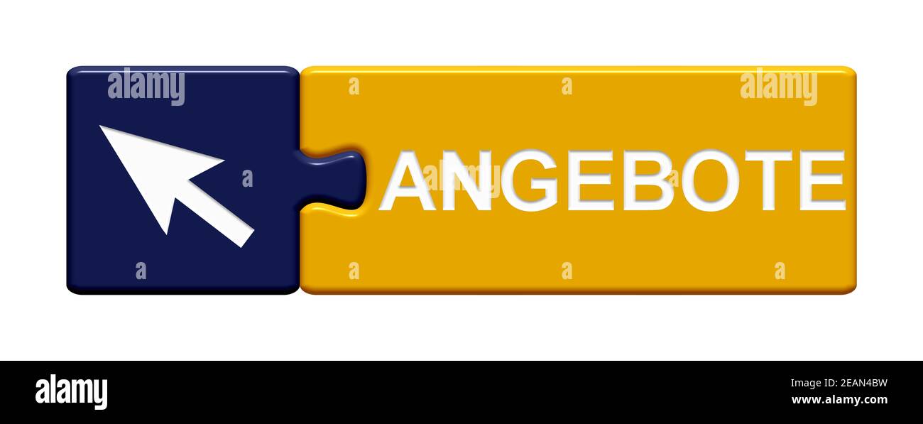 Puzzle Icon blau orange: Angebote in deutscher Sprache 3D Illustration Stockfoto