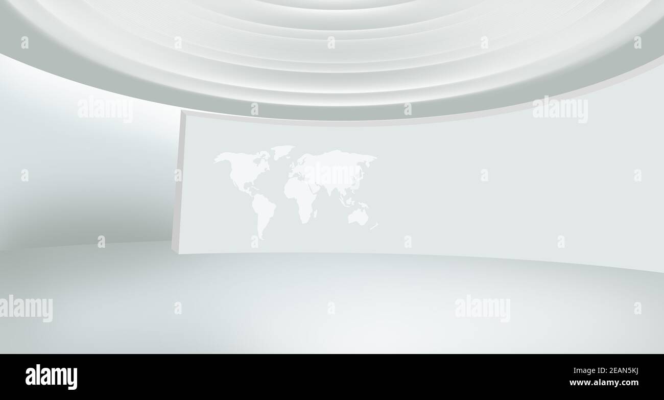 Moderne News-Studio-Raum mit Weltkarte auf Kurve Wand-Konzept Serie 1056 Stockfoto
