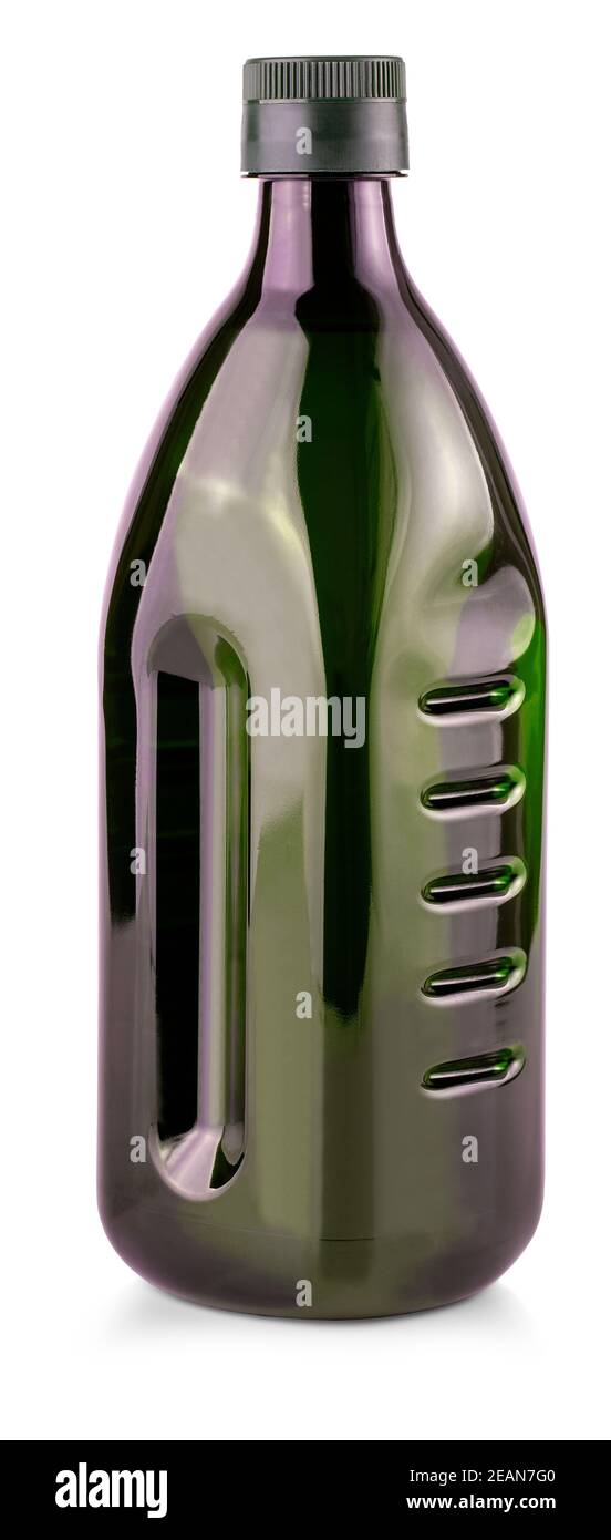 Grüne Flasche mit Olivenöl auf weißem Hintergrund Stockfoto