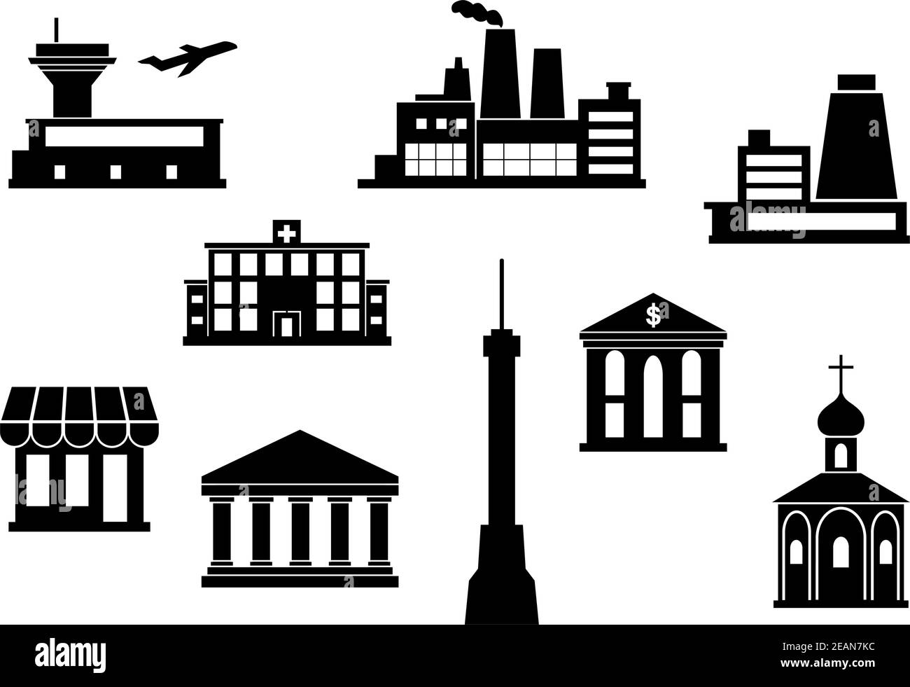 Stadtbau Ikonen Set - Flughafen, TV-Turm, Anlage, Fabrik, Tempel, Kirche, Bank, Stall, Theater für Architektur-, Industrie-und Reisedesign. Fl Stock Vektor