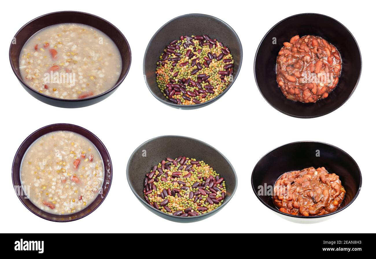 Set von Bohnen Schüsseln in schwarzen Schüsseln isoliert Stockfoto