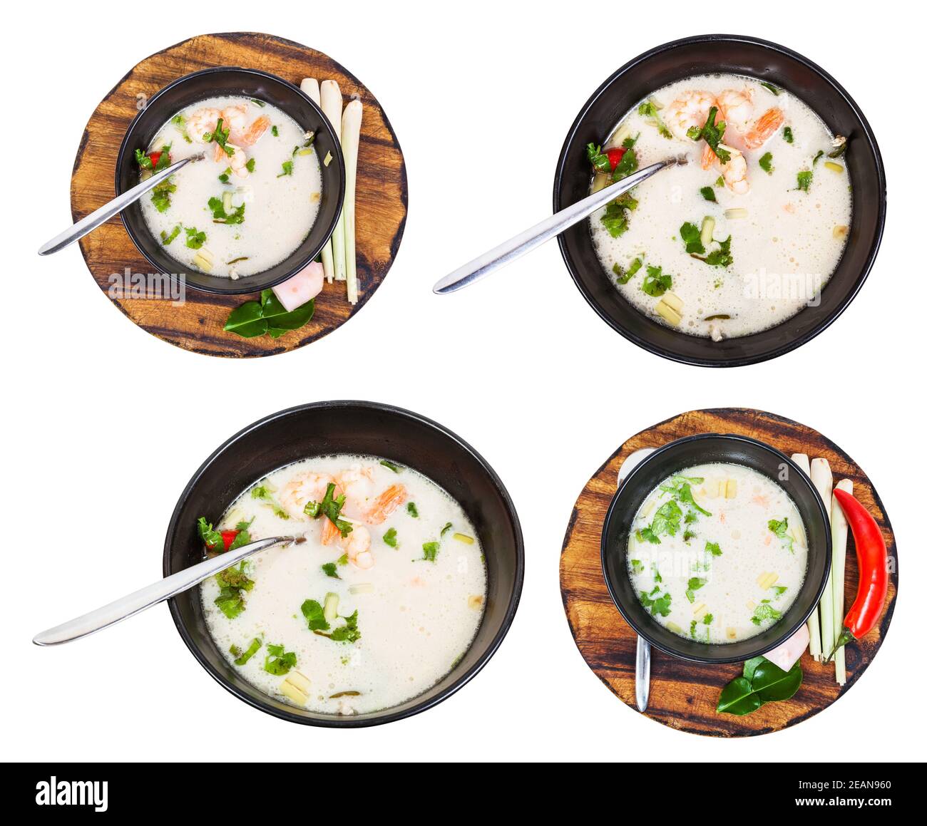 Set aus saurer und würziger Suppe Tom Yam isoliert Stockfoto