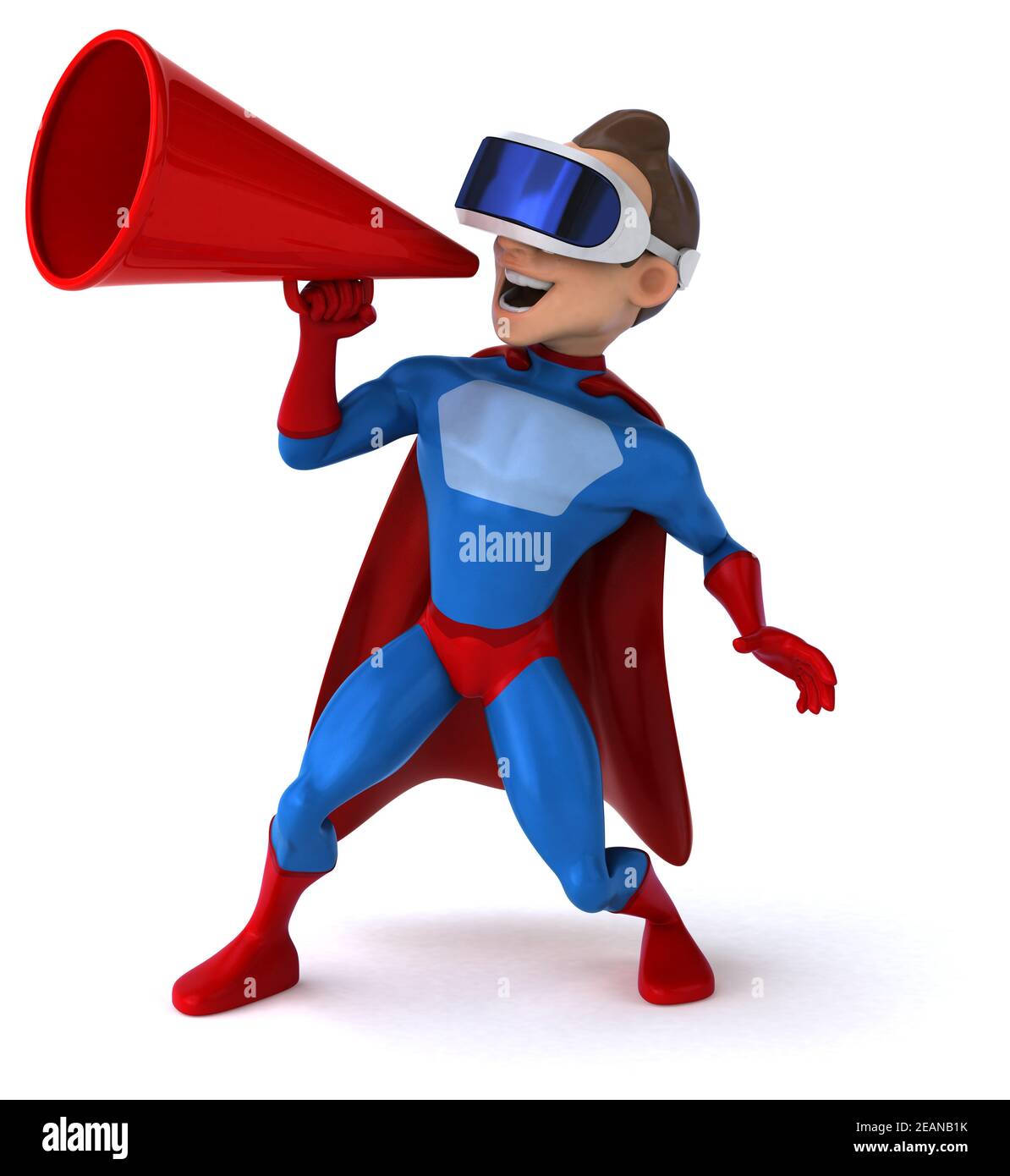 Fun 3D Illustration eines Superhelden mit einem VR Helm Stockfoto