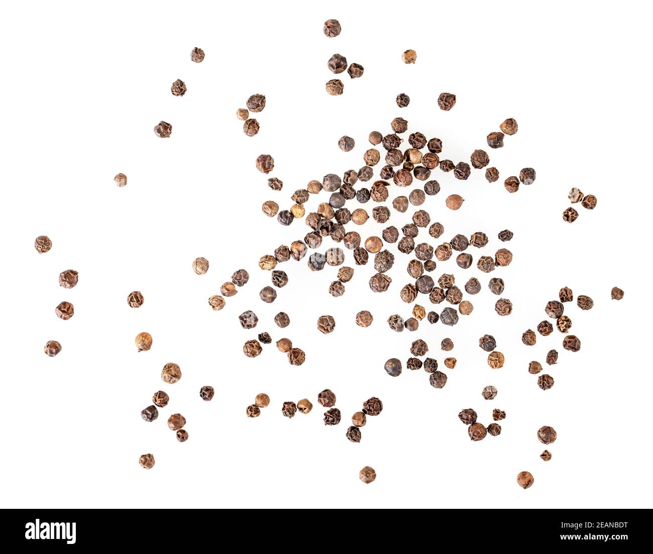 balck Pfeffer isoliert auf weißem Hintergrund. Makro schwarze Pfefferkörner, Draufsicht Nahaufnahme Stockfoto