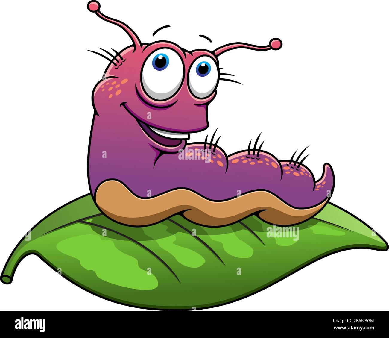 Cartoon Schnecke oder Raupe auf grünem Blatt geeignet für Tier-, Kinder-Illustration und Maskottchen-Design Stock Vektor