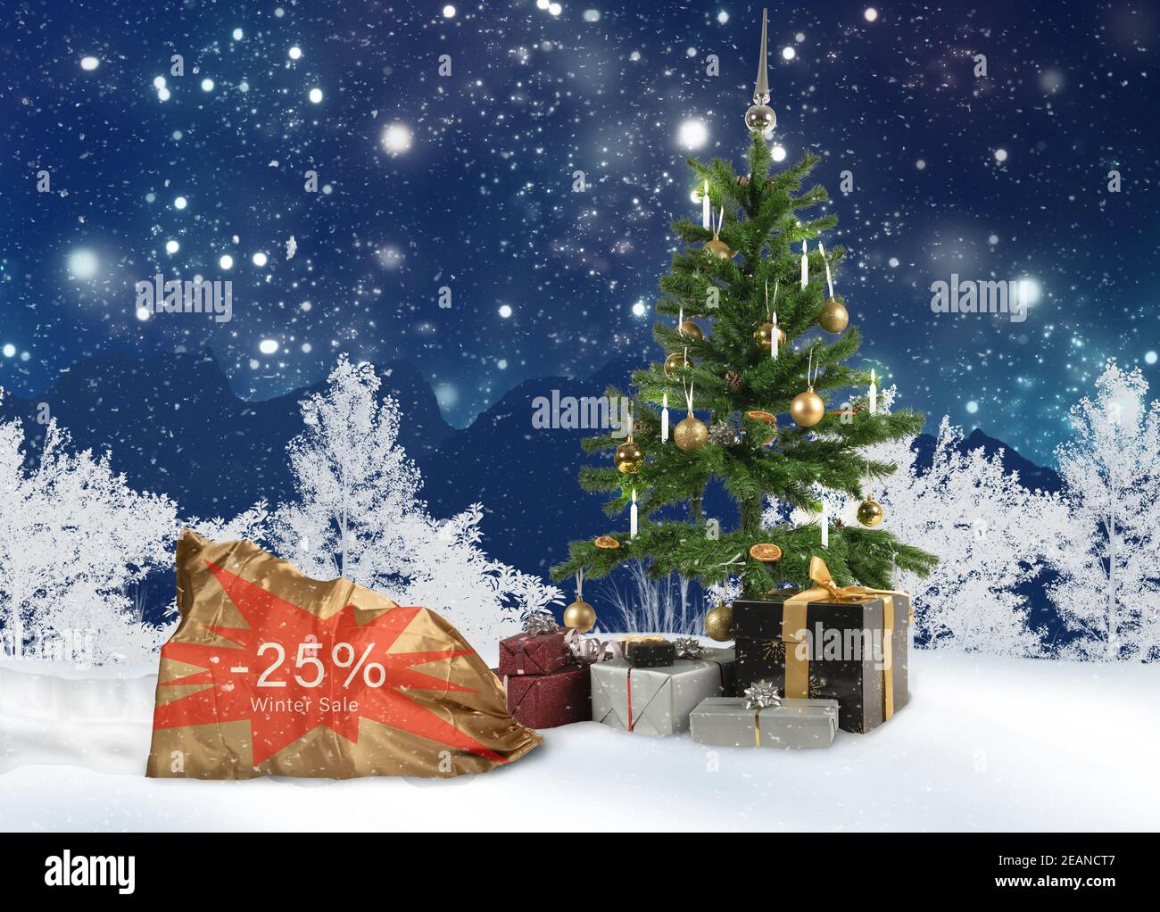 Geschenksack mit der Aufschrift 25 Prozent Winterverkauf in Verschneite Landschaft Stockfoto