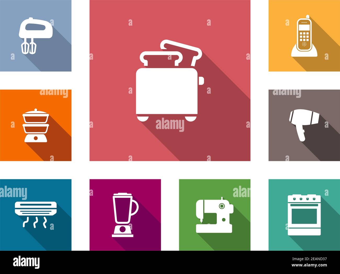 Flat Home Geräte Icons Set mit Stabmixer, Gasherd, Heizung, Mixer, Nähmaschine, Backofen, Haartrockner, Telefon und Toaster Stock Vektor