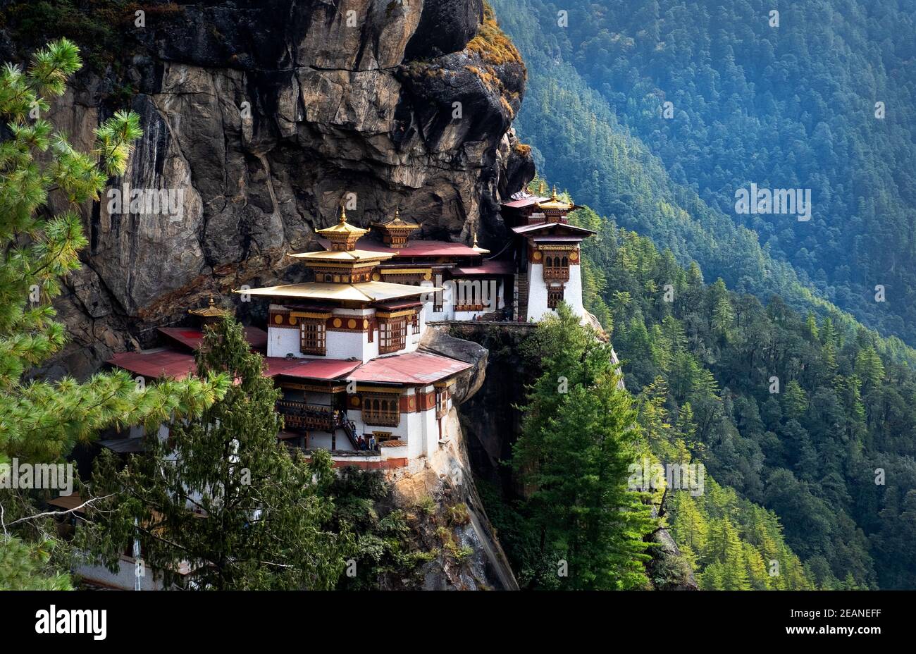 Tiger's Nest Monastery, eine heilige Vajrayana Himalaya-buddhistische Stätte im oberen Paro-Tal in Bhutan, Asien Stockfoto