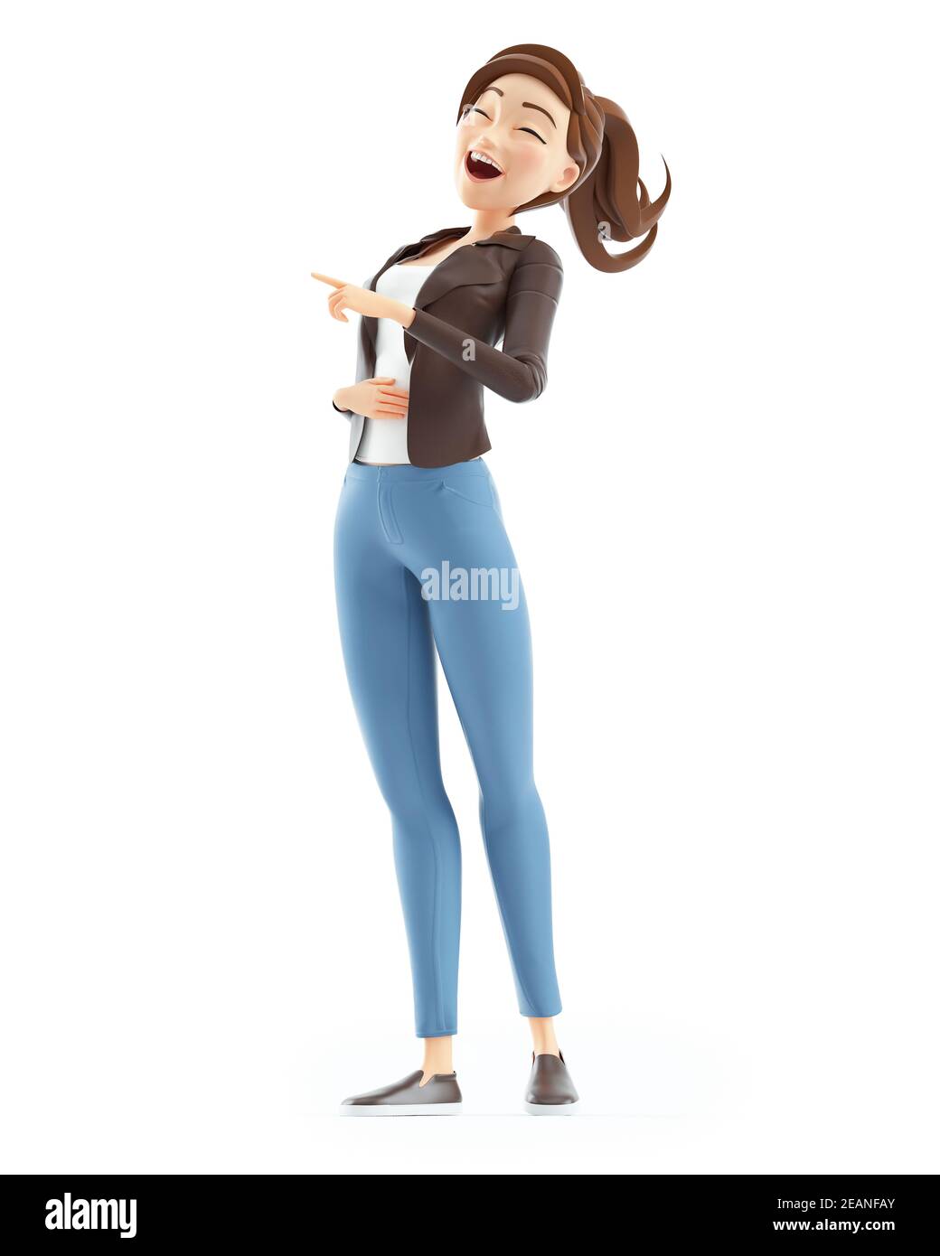 3D Cartoon Frau lachend stehend, Illustration isoliert auf weißem Hintergrund Stockfoto