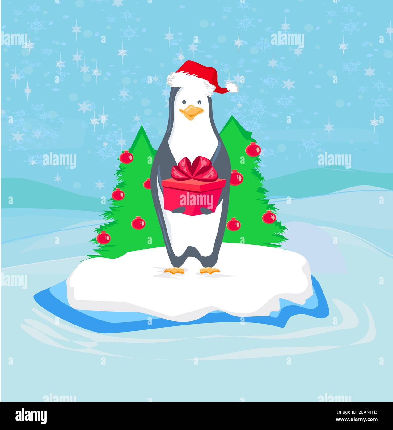 Pinguin mit Weihnachtsgeschenk - lustige Karte Stockfoto