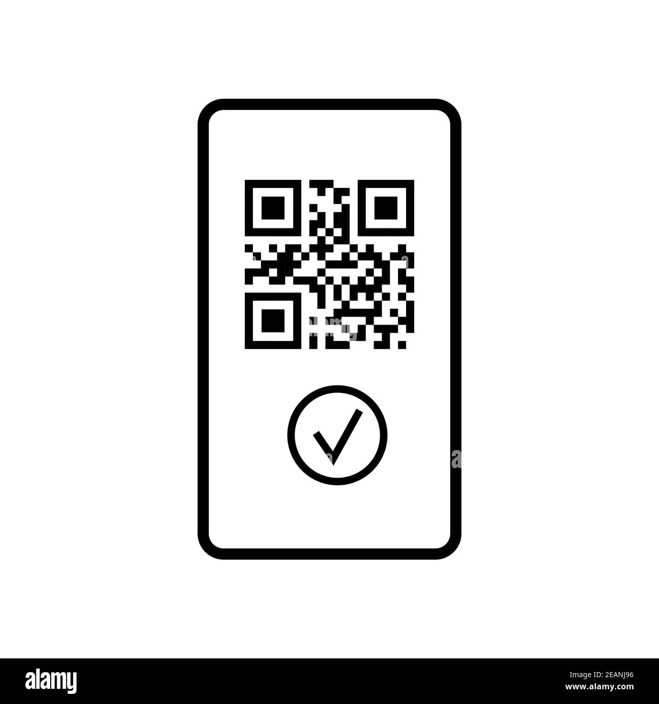 QR-Code auf Handy-Bildschirm mit Häkchen schwarz Symbol. Stock Vektor