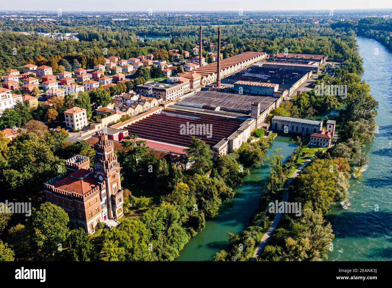 Luftbild der Firmenstadt Crespi d'Adda, UNESCO-Weltkulturerbe, Lombardei, Italien, Europa Stockfoto