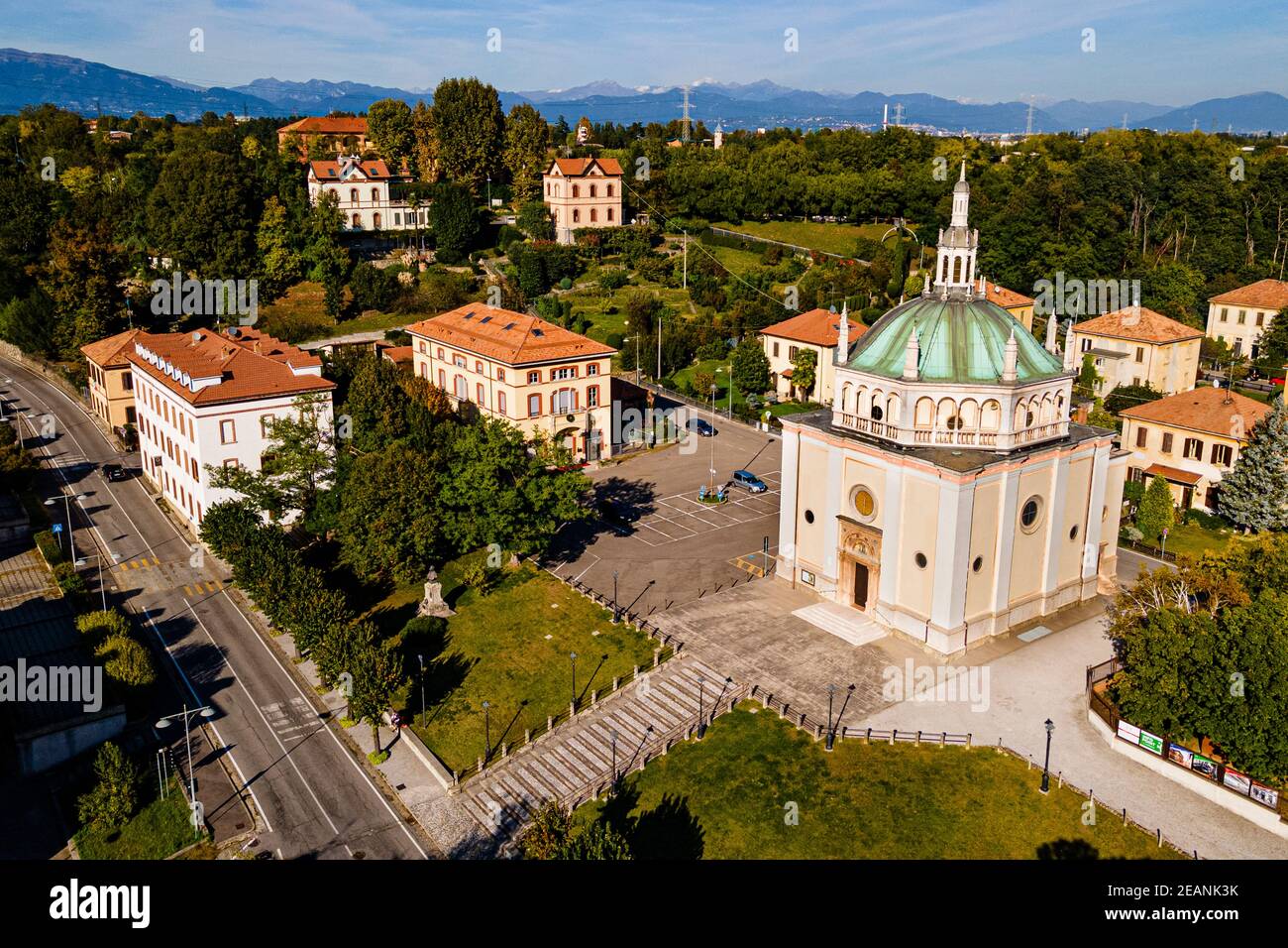 Luftbild der Firmenstadt Crespi d'Adda, UNESCO-Weltkulturerbe, Lombardei, Italien, Europa Stockfoto
