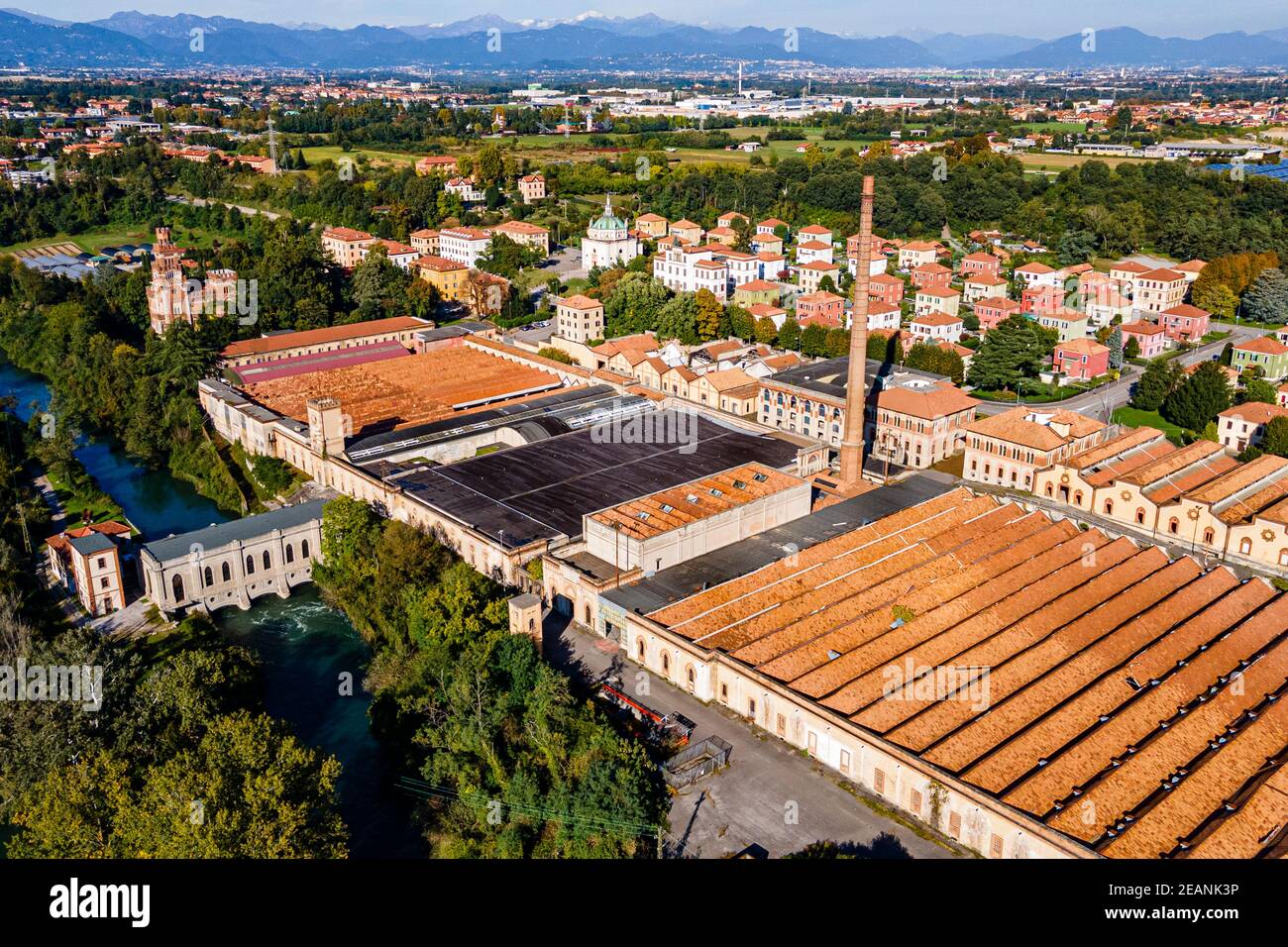 Luftbild der Firmenstadt Crespi d'Adda, UNESCO-Weltkulturerbe, Lombardei, Italien, Europa Stockfoto
