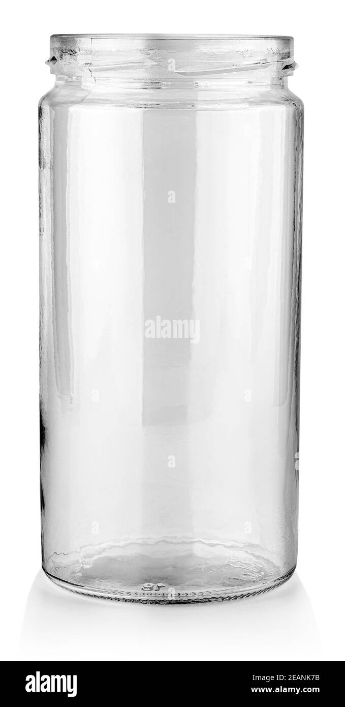 Leeres Glas ohne Deckel isoliert auf weißem Hintergrund Stockfoto
