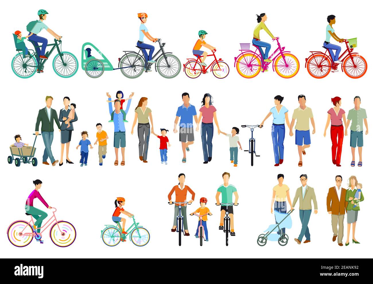 Familien, Radfahrer und Fußgänger Illustration Stockfoto