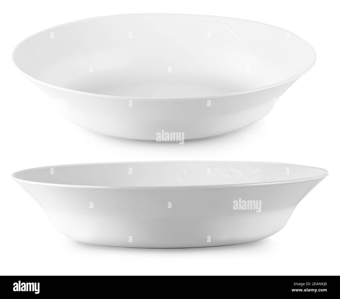 Weiße Kunststoffschale isoliert auf weißem Hintergrund. Stockfoto