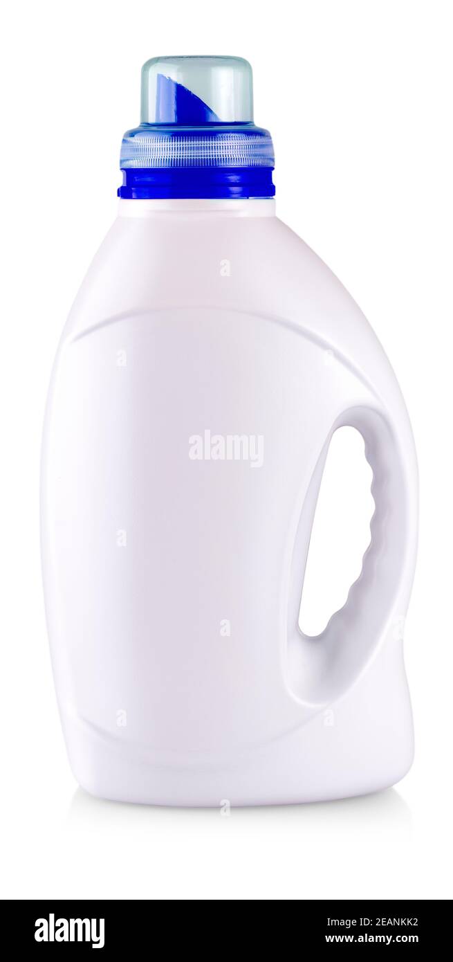 Die weiße Plastikflasche mit einem Griff auf weiß Stockfoto