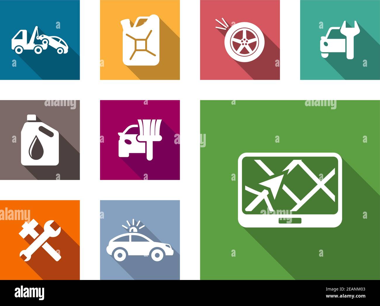 Car Service Flat Icons Set mit Auto Abschleppwagen, Benzin, jerry Can, Öl, Reifen, Schraubenschlüssel oder Schraubenschlüssel, Auto Maler und Navigation Stock Vektor