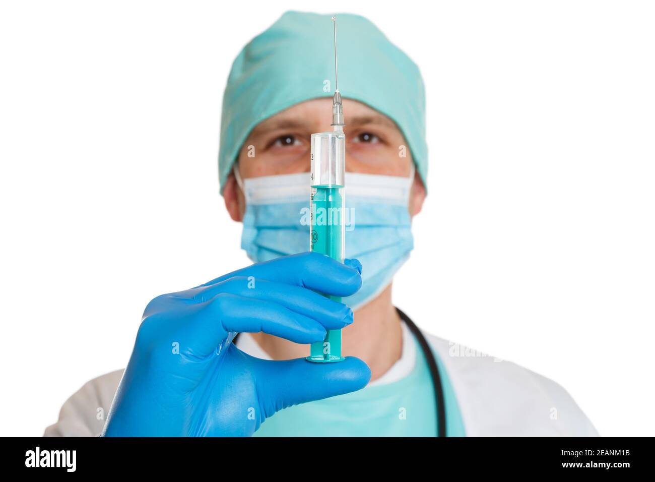 Coronavirus-Impfstoff Corona Virus Spritze Arzt COVID-19 Covid isoliert auf Weiß Stockfoto