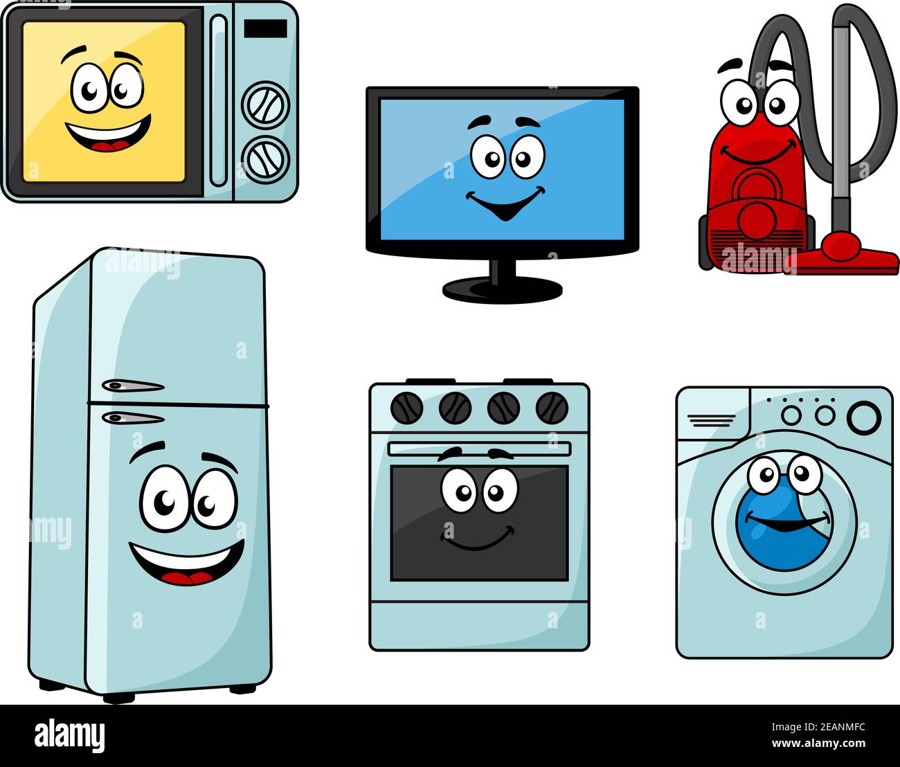 Cartoon Haushaltsgeräte Set mit Mikrowelle, TV, Staubsauger, Kühlschrank, Backofen und Waschmaschine Stock Vektor