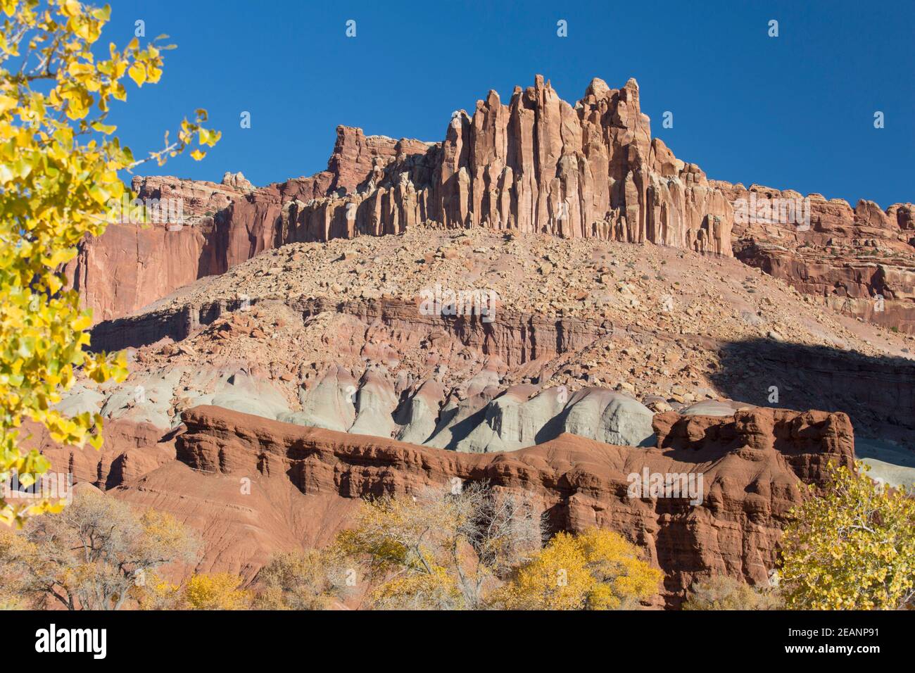 The Castle, ein ikonischer Sandsteingipfel, der Teil der Waterpocket Fold ist, Herbst, Fruita, Capitol Reef National Park, Utah, Vereinigte Staaten von Amerika Stockfoto