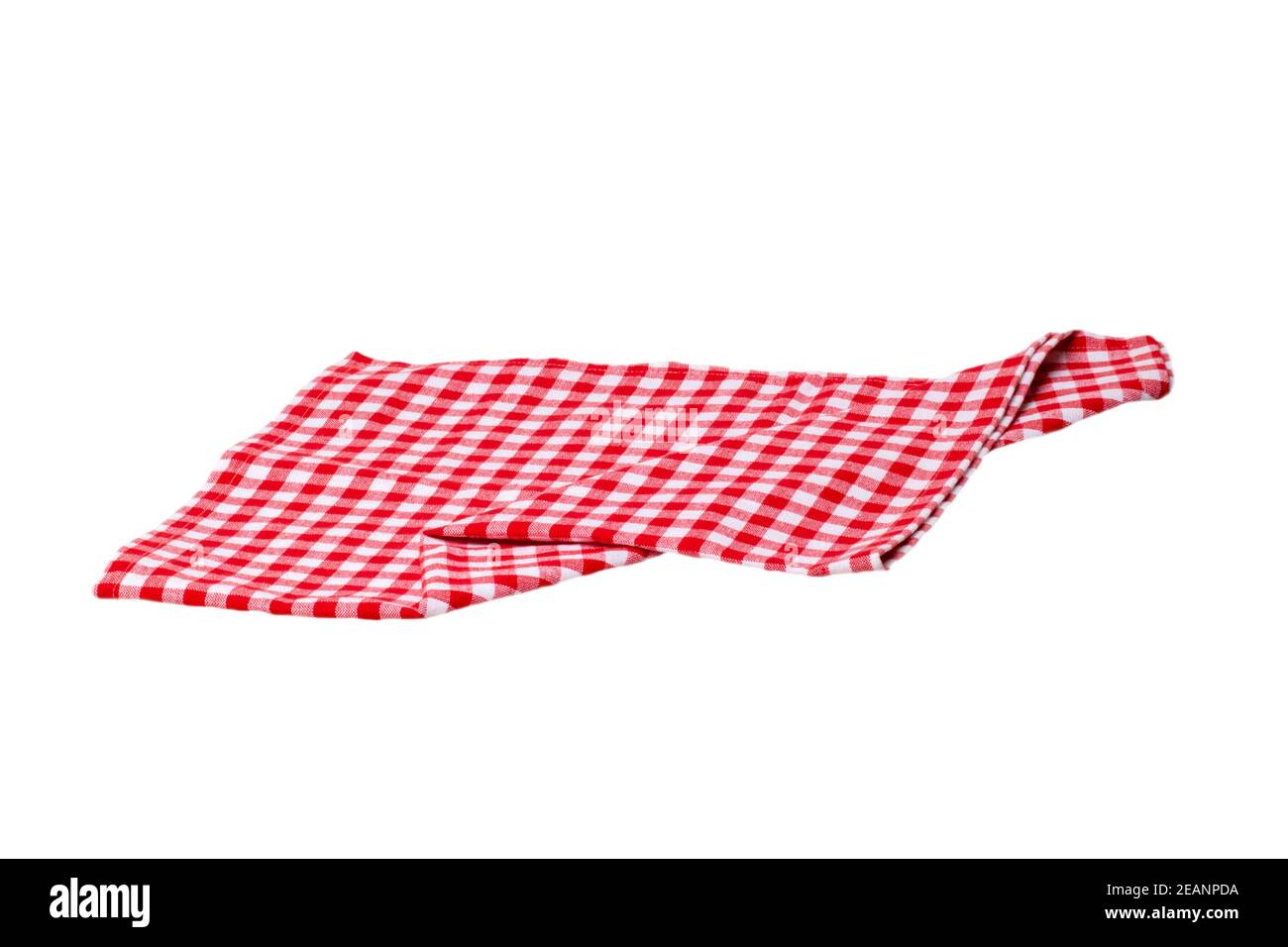 Handtücher isoliert. Nahaufnahme von rot-weiß karierten Servietten oder Picknick Tischdecke Textur isoliert auf einem weißen Hintergrund. Küchentuch. Stockfoto