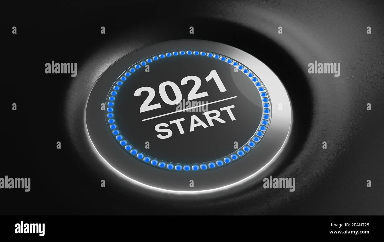 2021 - Drücken Sie die Start-Taste. Konzept des neuen Jahres. 3D Abbildung Stockfoto