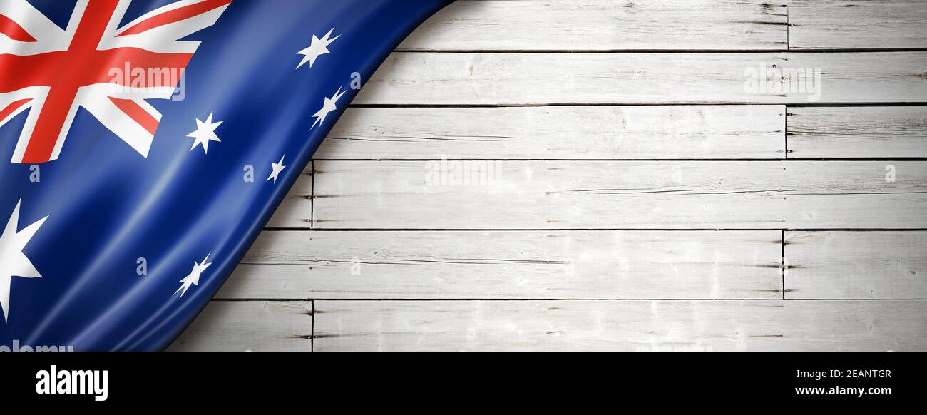 Australische Flagge auf altem weißen Wandbanner Stockfoto