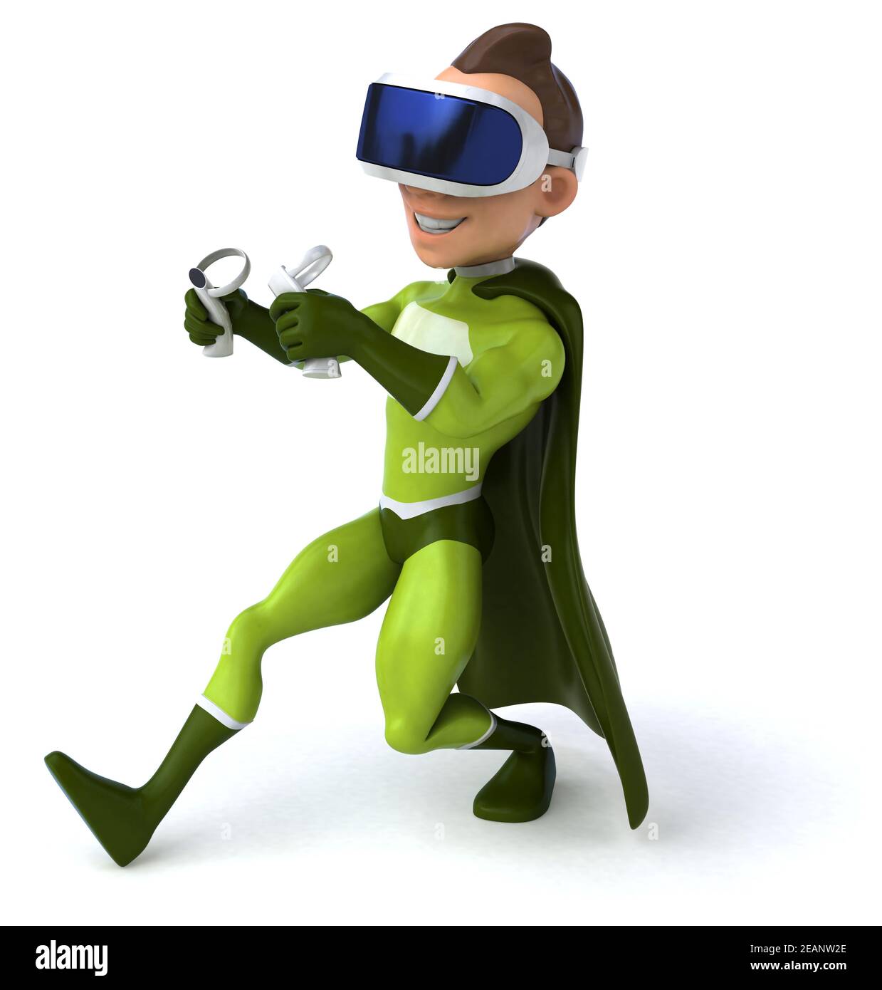 Fun 3D Illustration eines Superhelden mit einem VR Helm Stockfoto