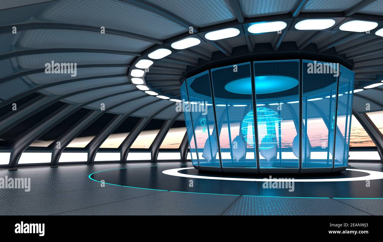 3D Rendering Science Fiction Panorama Room Stockfoto