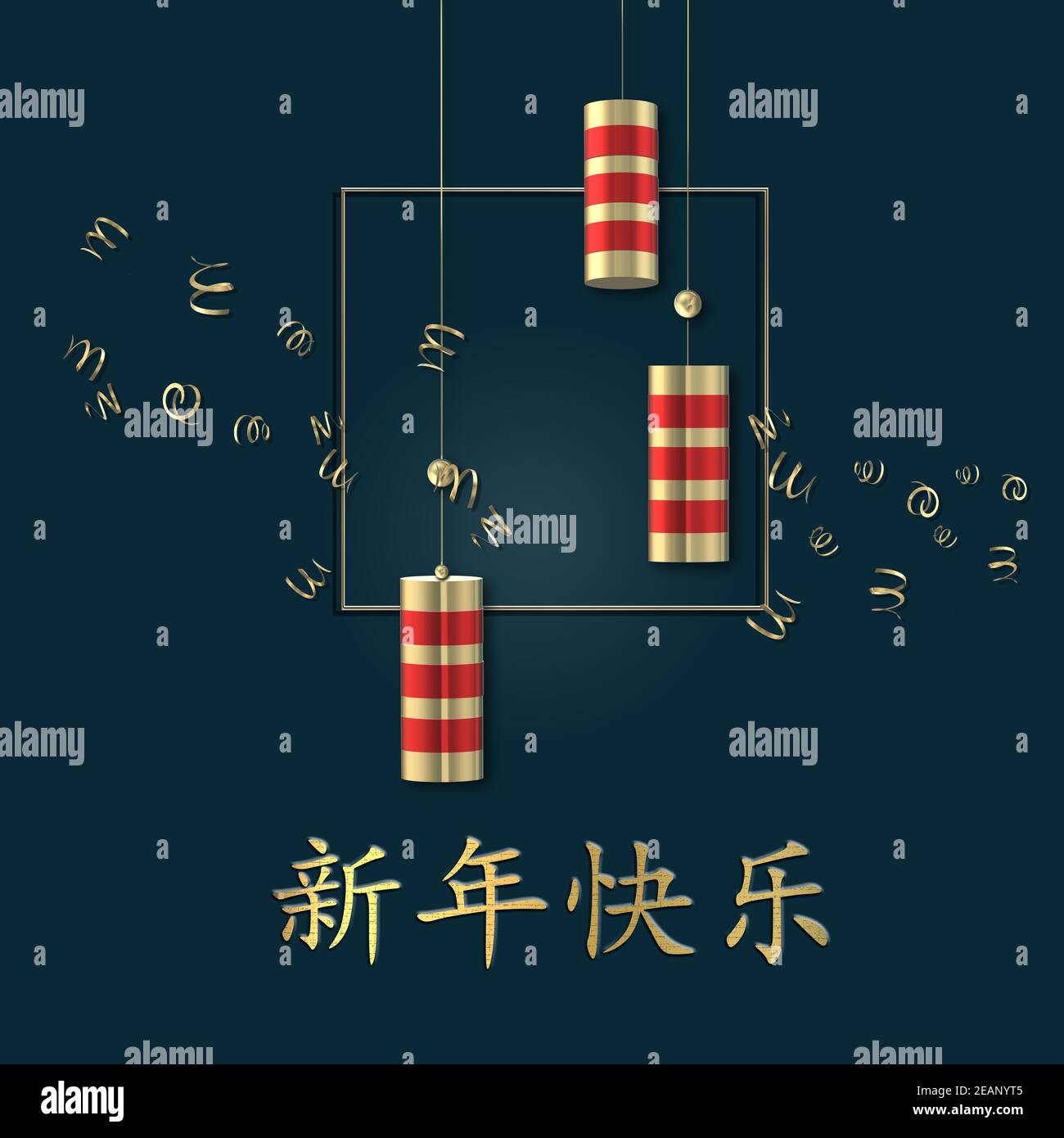 Chinesisches Neujahr. Rote Cracker. Orientalische asiatische Symbole auf blauem Hintergrund mit Konfetti. Goldchinesischer Text Frohes neues Jahr. 3D Rendern Stockfoto