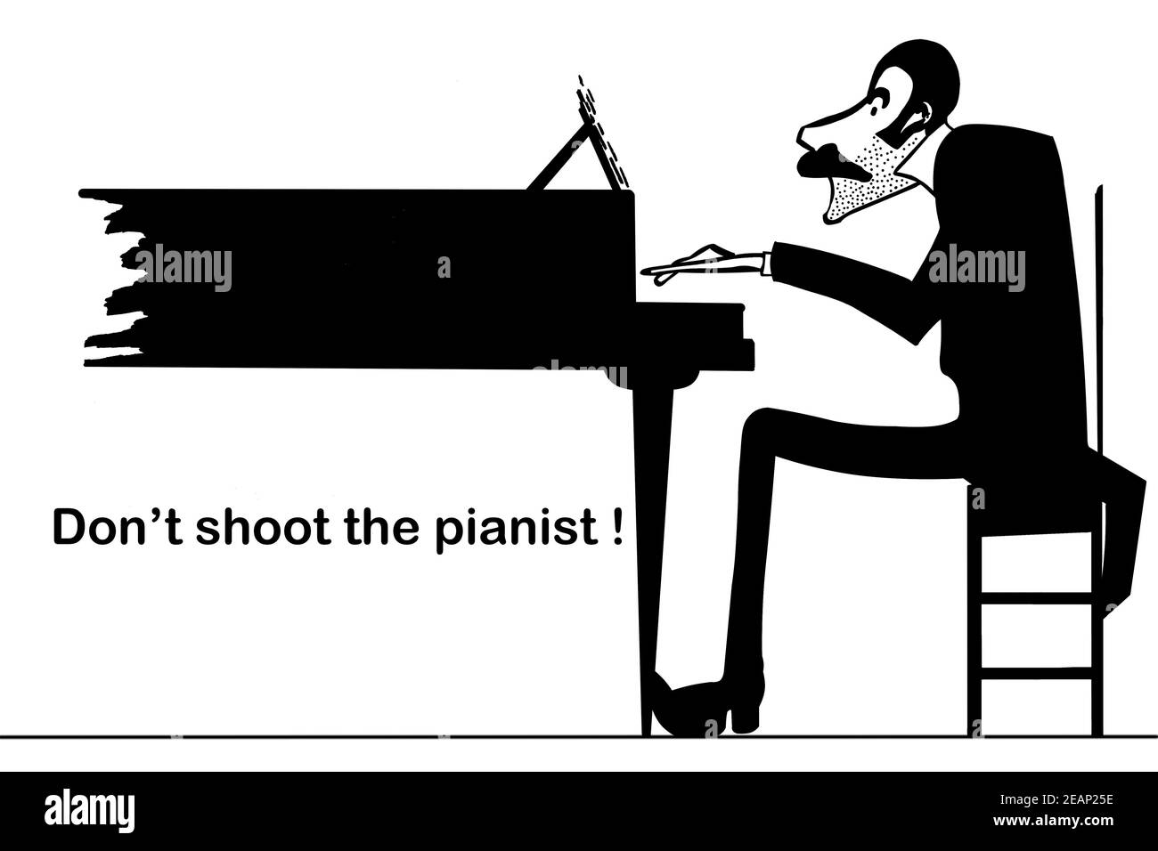 135 - Zeichnung eines Mannes mit einem Schnurrbart spielen Das Klavier und die Worte schießen den Pianisten nicht Stockfoto