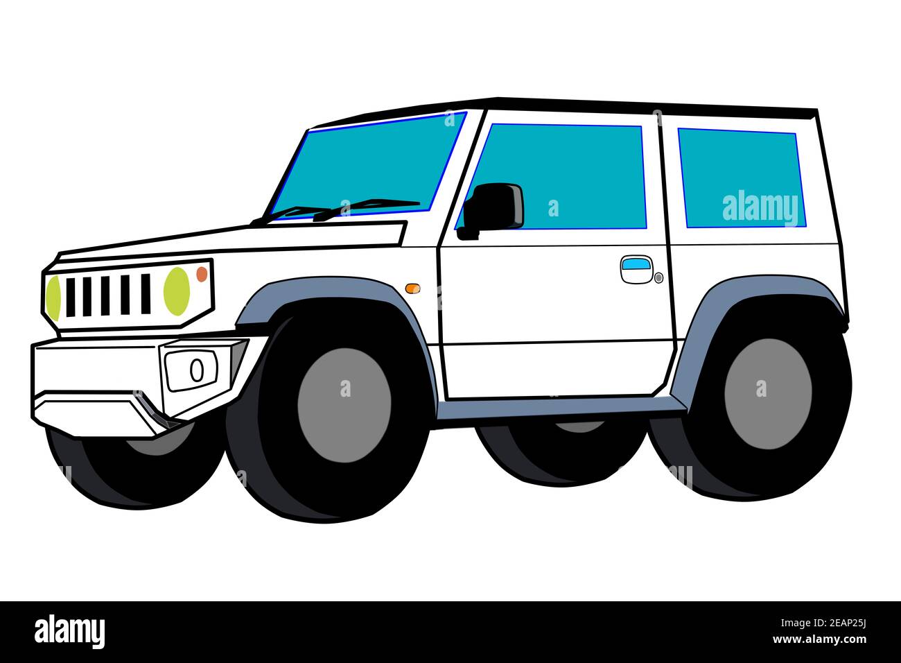 87 - EIN weißes Jeep Auto mit gebläutem Glas Und Räder extra groß auf einem mit Hintergrund Stockfoto