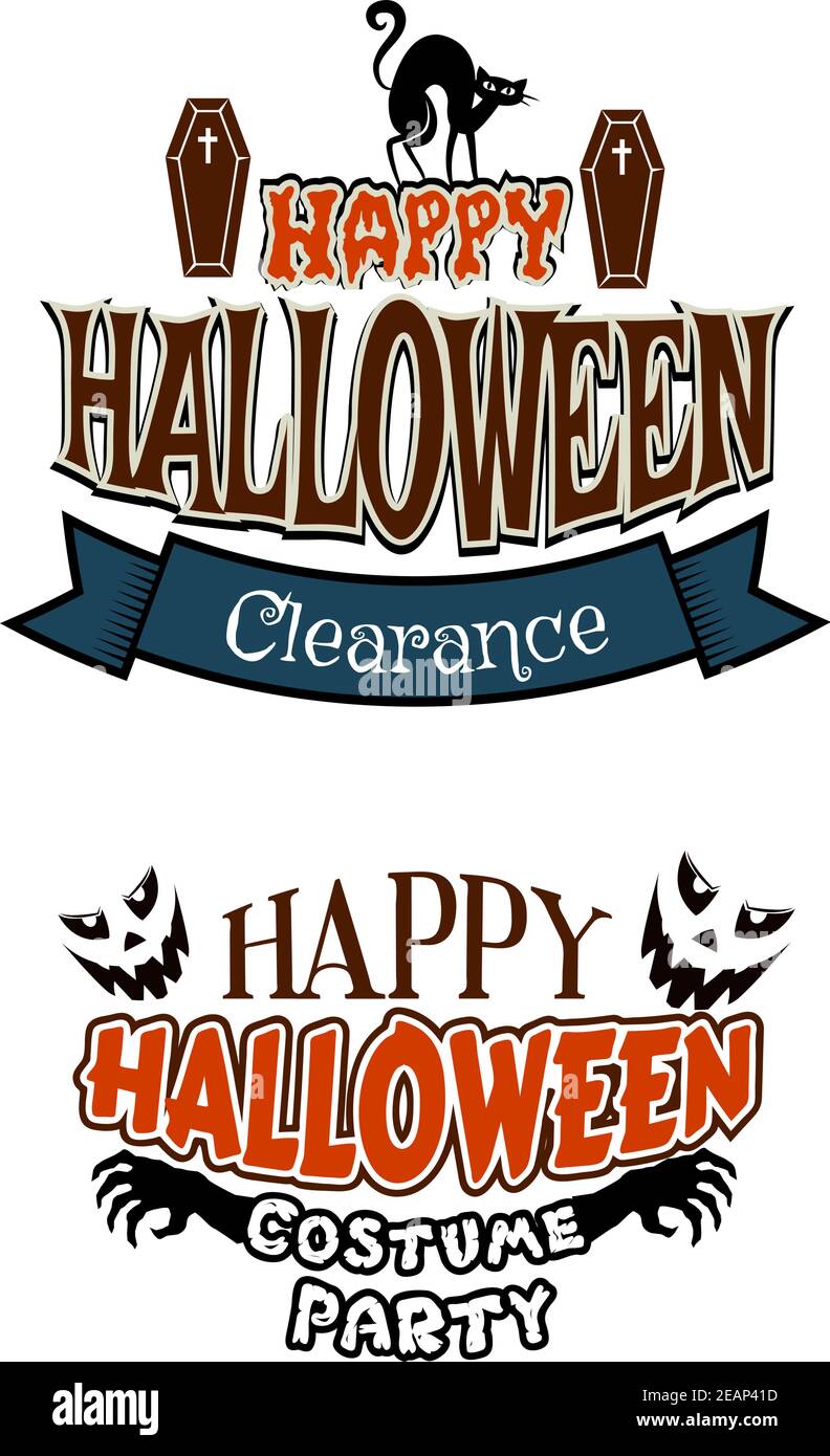 Zwei Halloween Vektor Poster Designs für eine Party und Verkauf mit Text Happy Halloween, Clearance und Happy Halloween Kostüm Party mit Särgen, Katzen, sk Stock Vektor