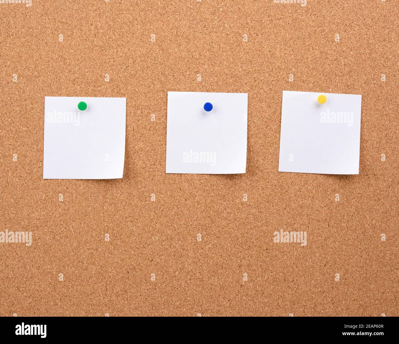 Weiße quadratische leere Papierstücke, die auf einem Korken fixiert sind Platine Stockfoto