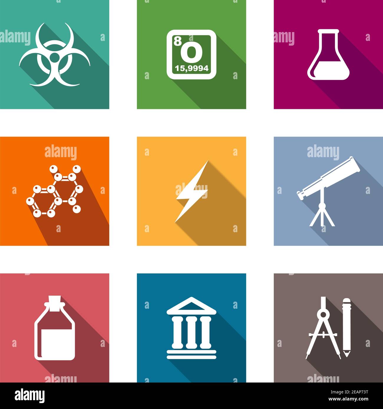 Flache Symbole für Wissenschaft und Bildung mit Kolben, Molekül, Blitz,  Teleskop, Pharma, Fläschchen, Tempel, Kompass und Bleistift  Stock-Vektorgrafik - Alamy