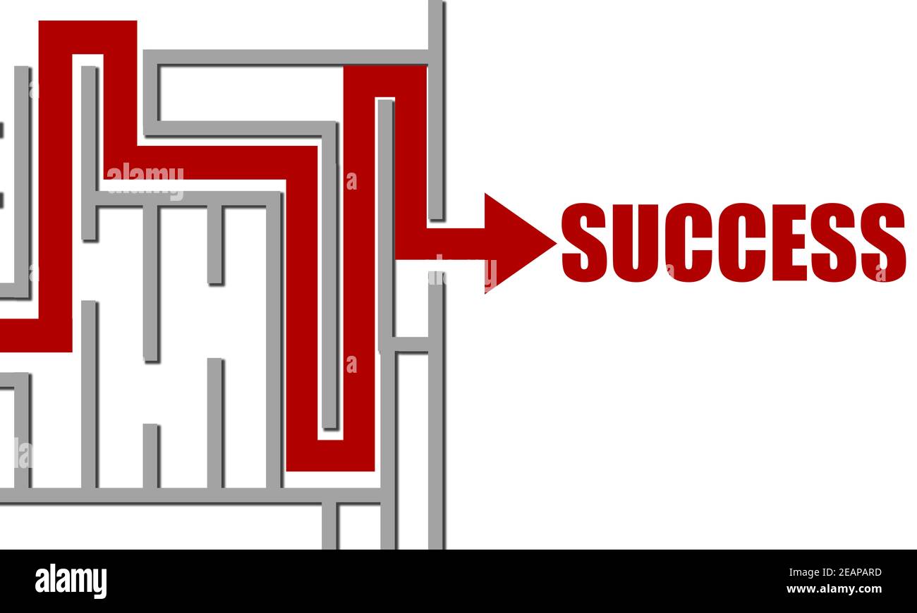 Roter Pfeil aus dem Labyrinth für den Erfolg. Erfolgskonzept Stockfoto