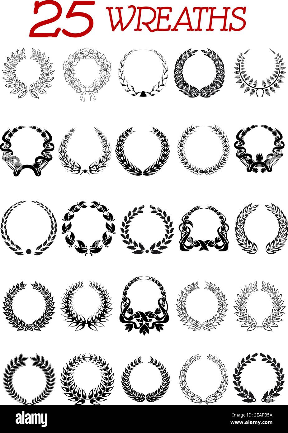 Runde Lorbeerkranz Symbole auf weiß isoliert gesetzt. Geeignet für Design, wie Auszeichnung, Heraldik, Jubiläum und Jubiläen Stock Vektor