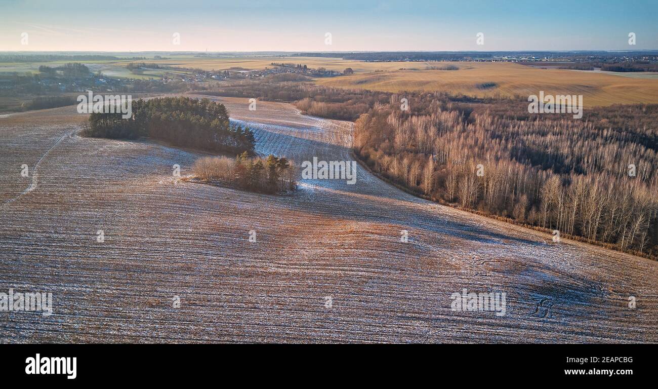 Winter landwirtschaftliches Feld unter Schnee-Panorama. Dezember ländliche Landschaft Stockfoto