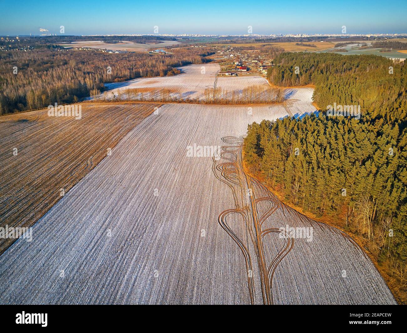 Winter landwirtschaftliches Feld unter Schnee. Luftaufnahme. Dezember ländliche Landschaft. Stockfoto