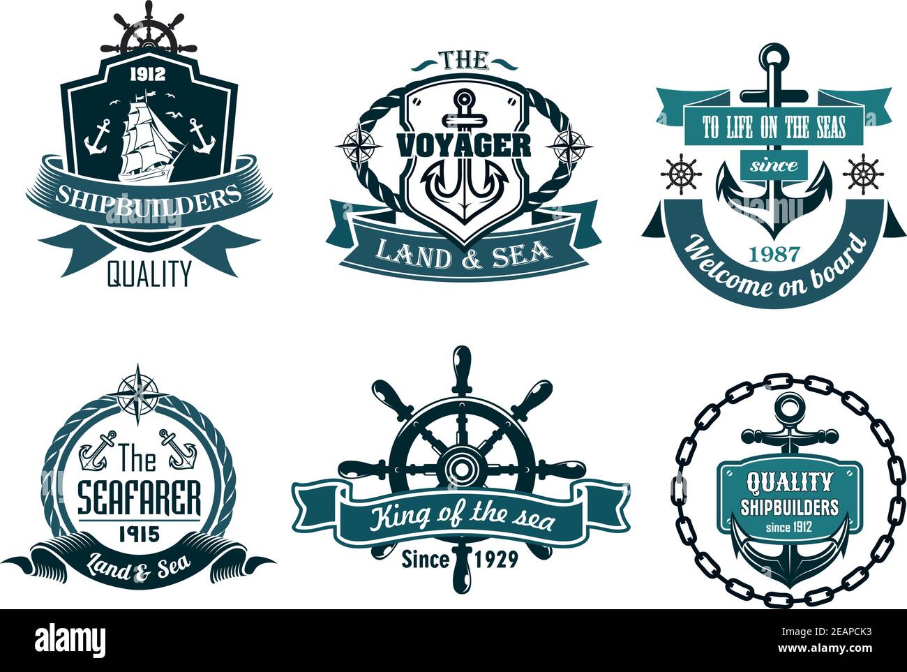 Blaue nautische und segelorientierte Banner oder Symbole mit Schiff, Anker, Seil, Lenkrad und Bändern Stock Vektor